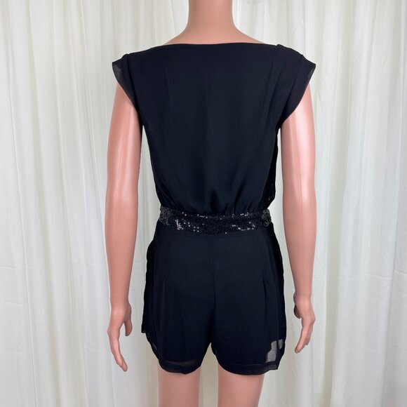 Women's TCEC Sequins Accent Ruched Shirred Chiffon Romper Size Medium Black - Picture 4 of 12